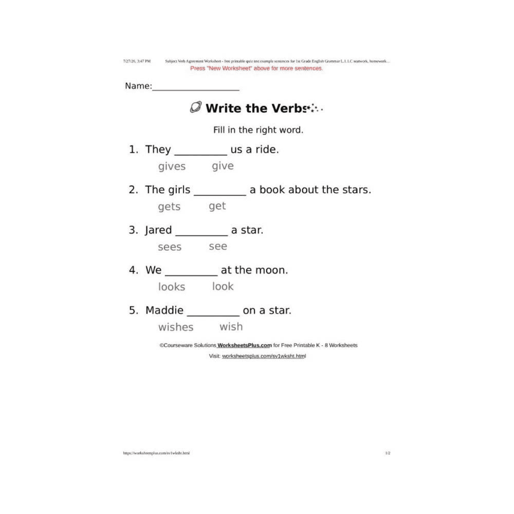 Elementary school Worksheet | 1st Grade Subject Verb Agreement