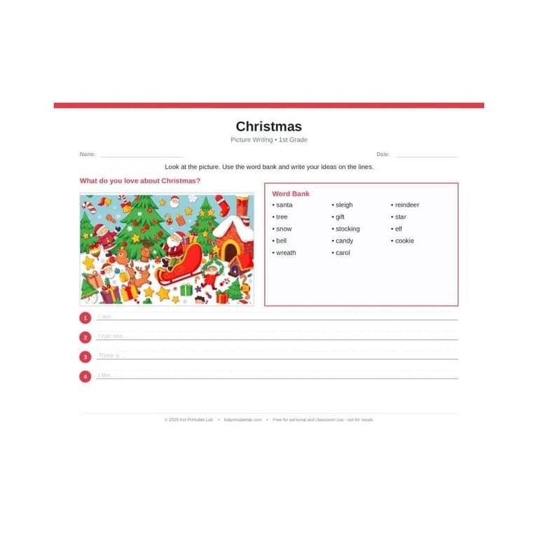 Elementary school Worksheet | Christmas Writing for 1st Grade