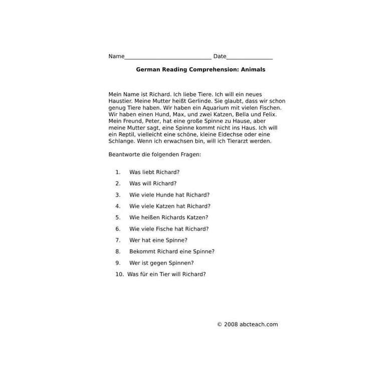 Elementary school Worksheet | Reading Comprehension - Animals