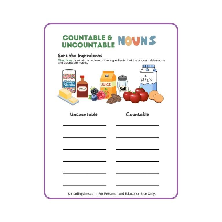 Elementary school Worksheet | Sort the Ingredients With Countable and Uncountable Nouns