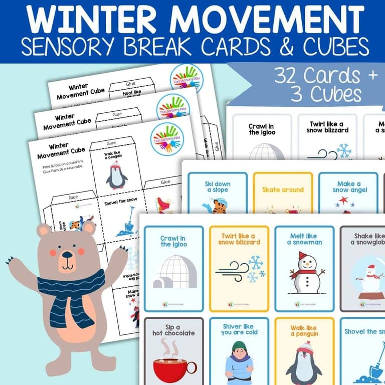 Elementary school Energizer | Winter Movement Cards and Cubes – Sensory Body Break, Self Regulation
