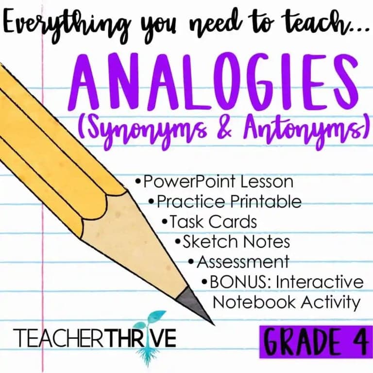 Elementary school Lesson Package | Fourth Grade Grammar: Analogies (Synonyms and Antonyms)