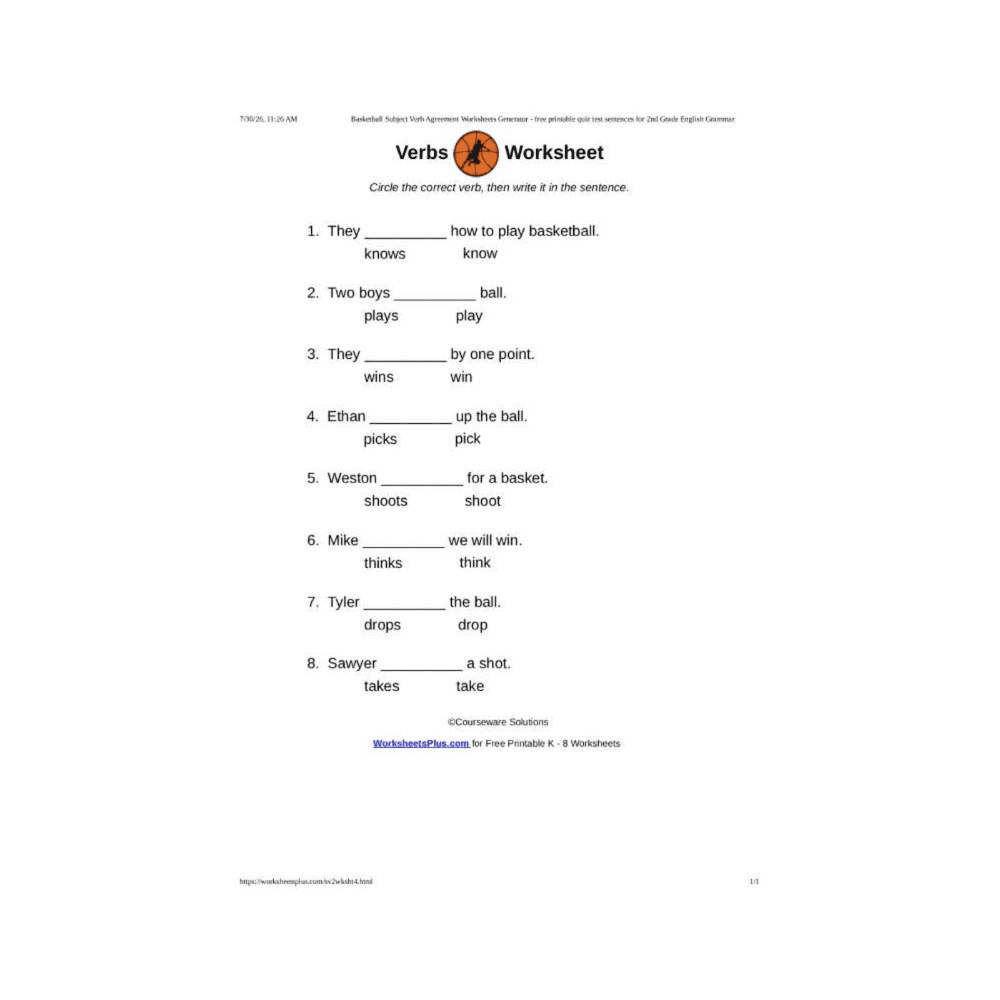 Elementary school Worksheet | 2nd Grade Subject Verb Agreement