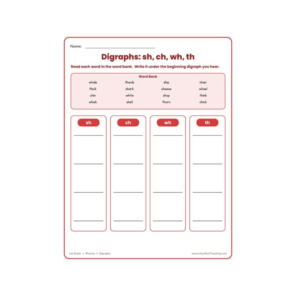 Elementary school Worksheet | H Digraphs