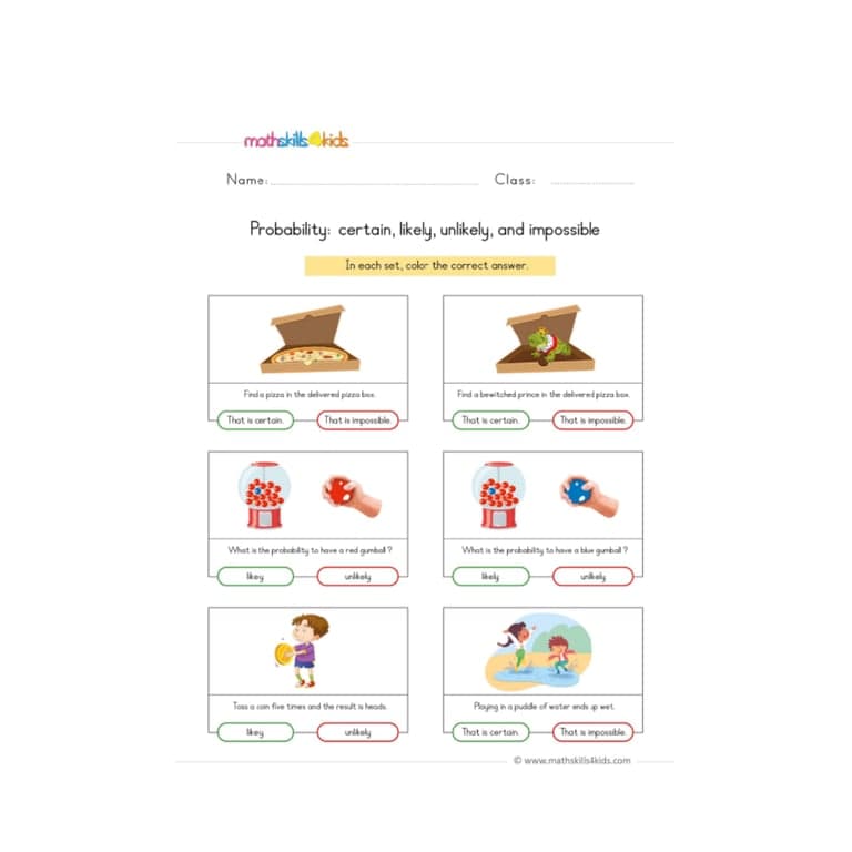 Elementary school Worksheet | Probability: Certain, Likely, Unlikely, and Impossible