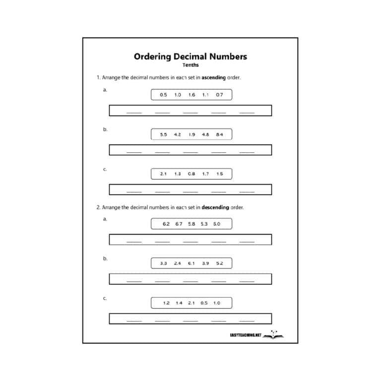 Elementary school Worksheet | Ordering Decimal Numbers (Tenths)