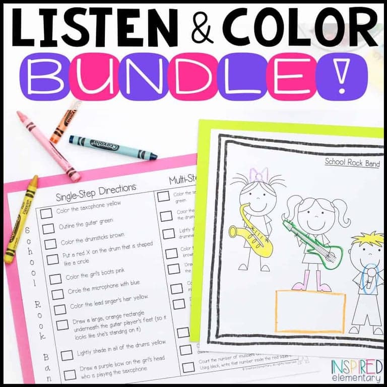 Elementary school Lesson Package | Listen and Color Bundle - Following Directions Activities
