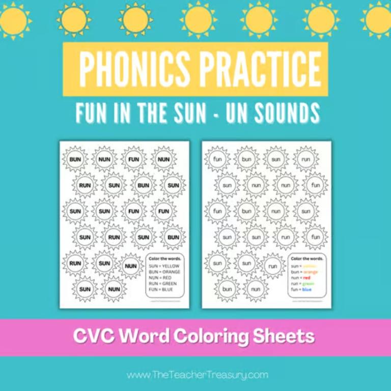 Elementary school Worksheet | Phonics Practice CVC Word Coloring Sheets Fun in the Sun With UN sounds