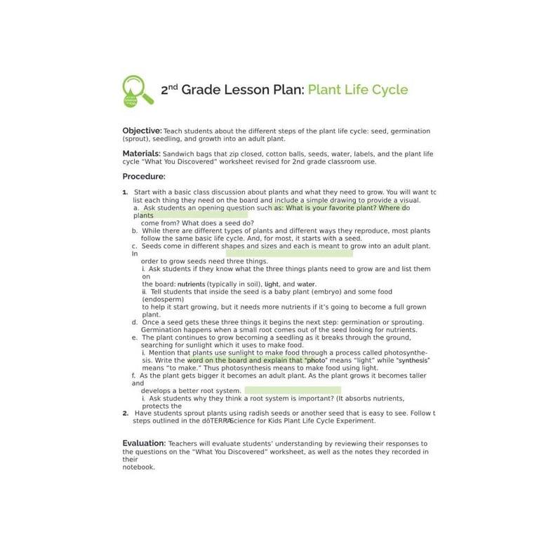 Elementary school Lesson Idea | 2nd Grade Lesson Plan: Plant Life Cycle