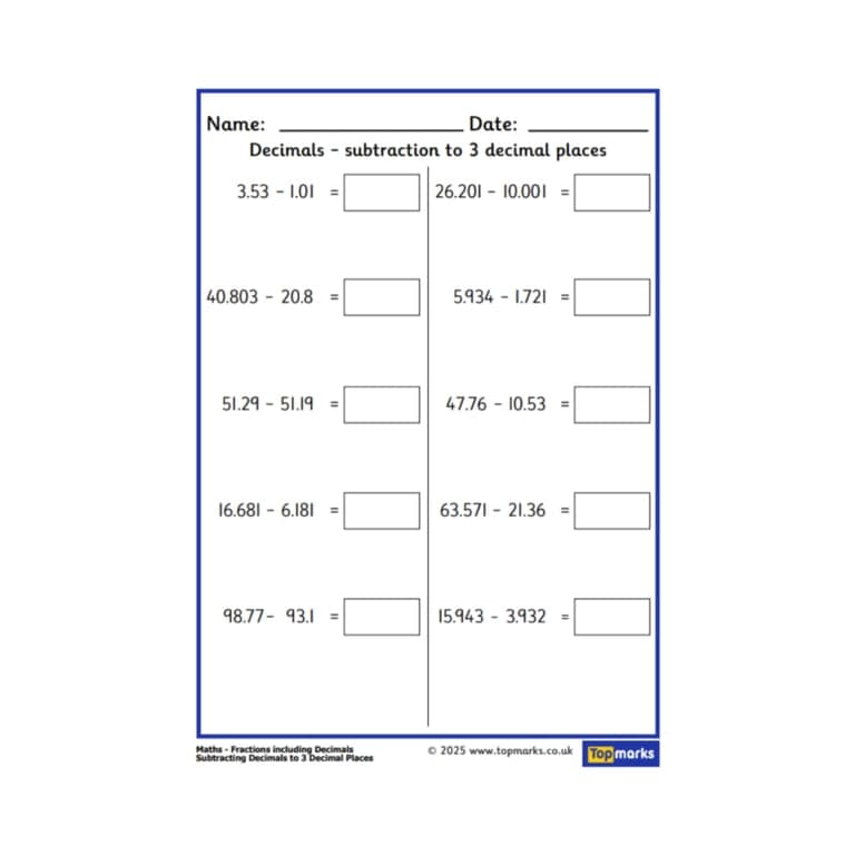 Elementary school Worksheet | Subtracting Decimals to 3 Decimal Places