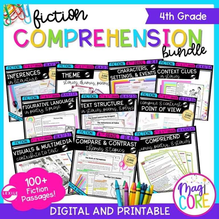 Elementary school Lesson Package | 4th Grade Fiction Reading Comprehension Bundle