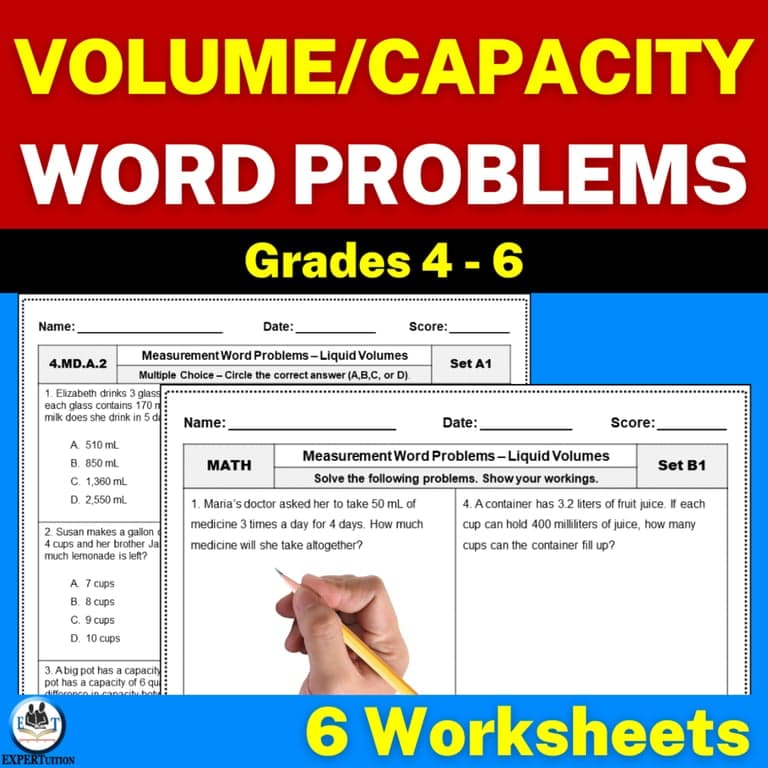 Elementary school Worksheet | Measurement Word Problems – Liquid Volumes