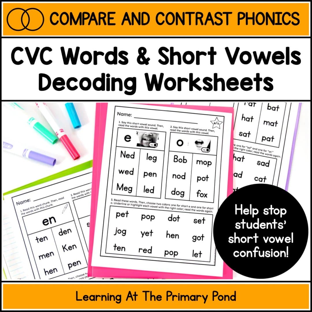Elementary school Worksheet | CVC Words & Short Vowel for Decoding Practice