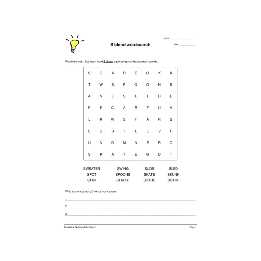 Elementary school Worksheet | S Blend Wordsearch