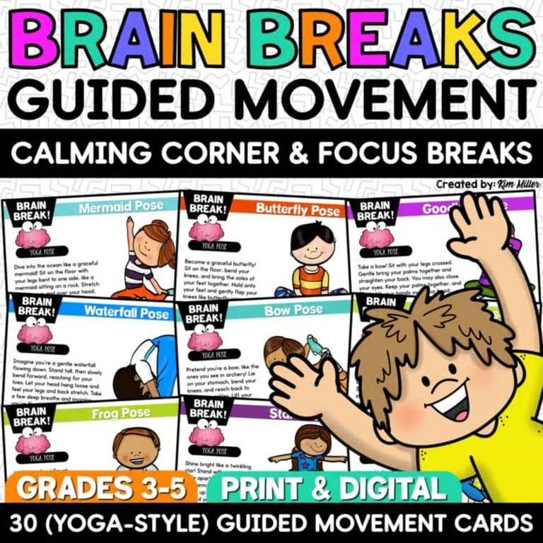 Elementary school Energizer | Brain Break Movement Break Cards Calm Down Strategies Self Regulation Activities