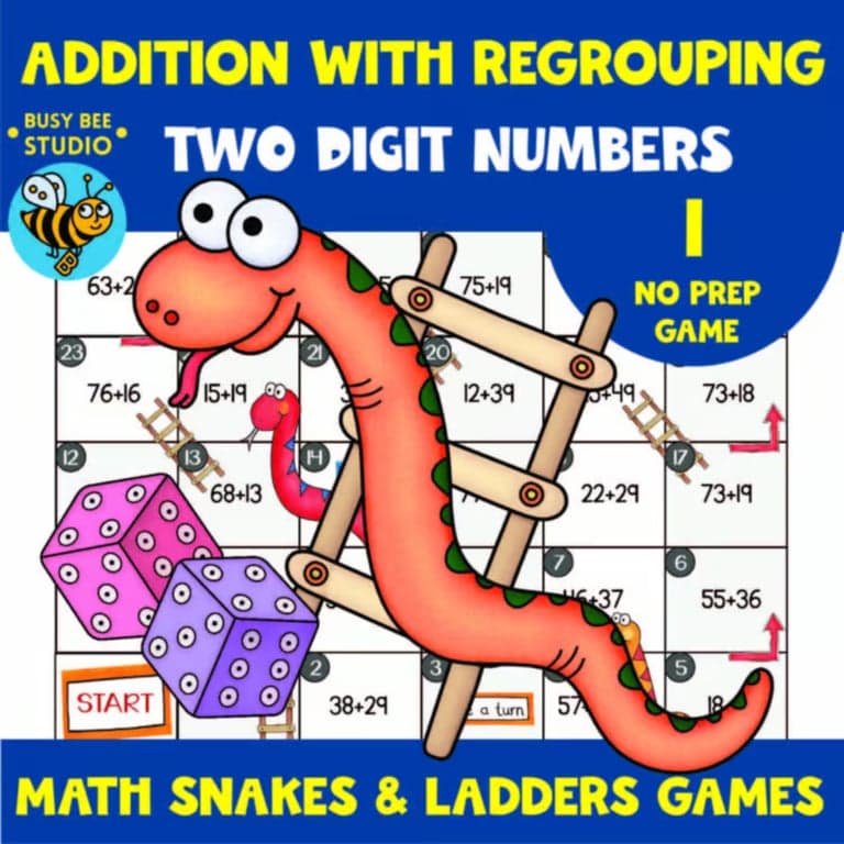 Elementary school Game | 2 Double Digit Addition With Regrouping Snakes & Ladders Math Game