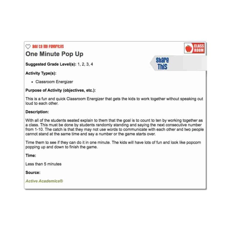 Elementary school Lesson Idea | One Minute Pop Up