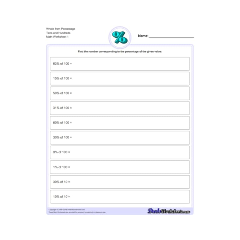 Elementary school Worksheet | Percentages: Whole from Percentage Tens and Hundreds Worksheet 1