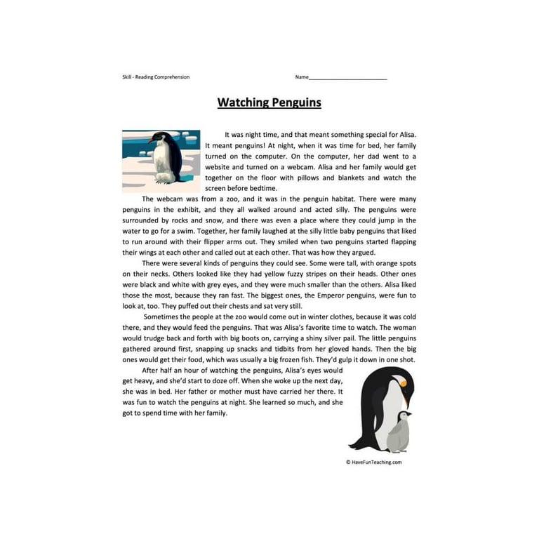 Elementary school Worksheet | Watching Penguins Reading Comprehension