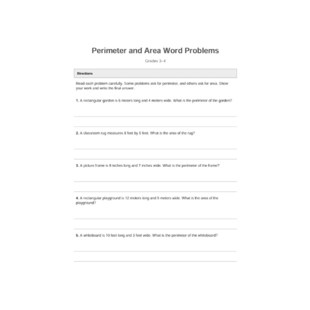 Elementary school Worksheet | Perimeter & Area Word Problems (Grades 3–4)