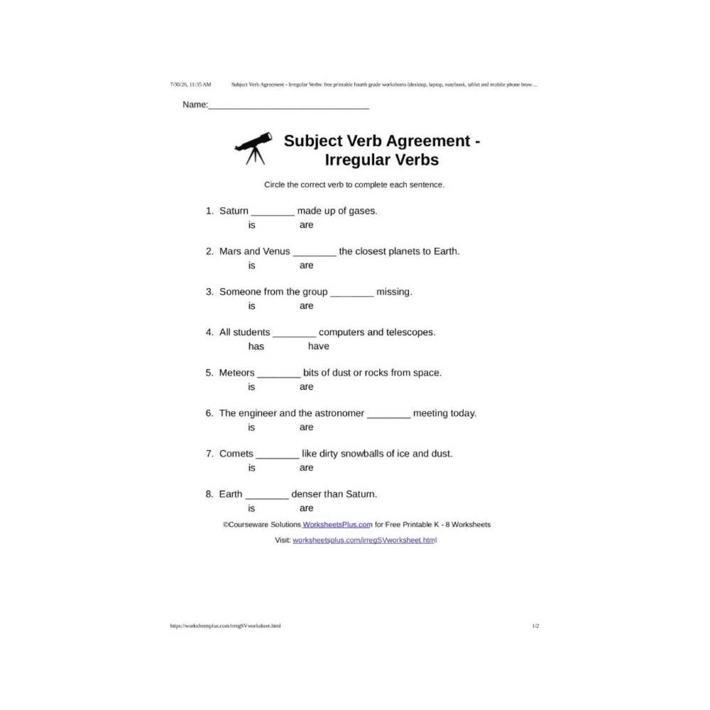 Elementary school Worksheet | Subject Verb Agreement - Irregular Verbs