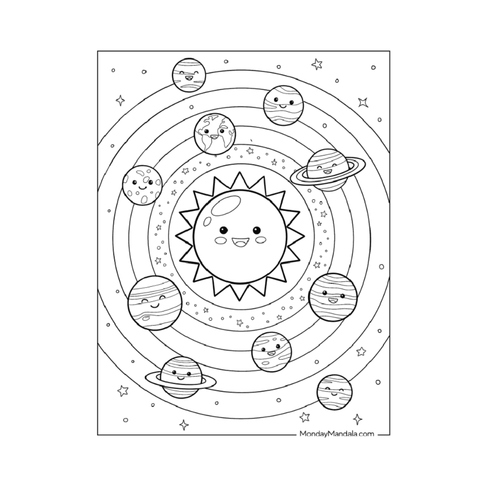 Elementary school Worksheet | Smiling Sun with Orbiting Planets in the Solar System Coloring Page