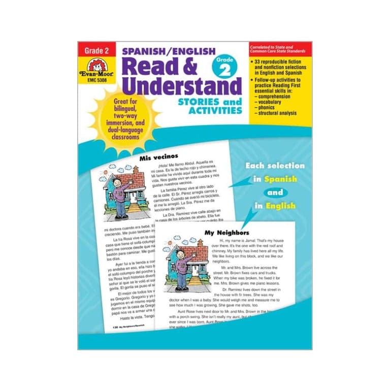 Elementary school Workbook | Spanish or English Read and Understand, Grade 2