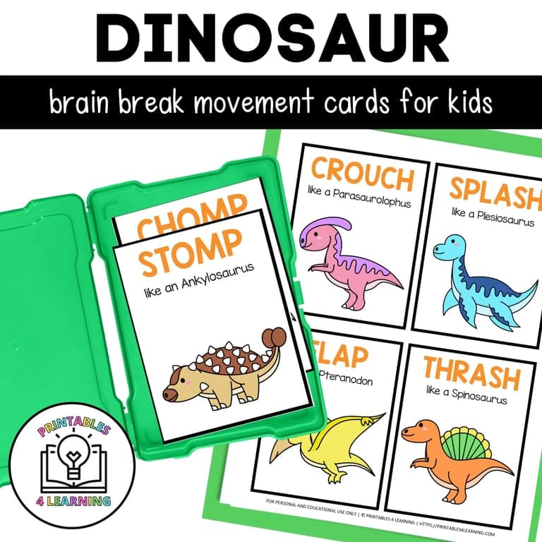 Elementary school Energizer | Dinosaur Movement Cards for Brain Break Activities