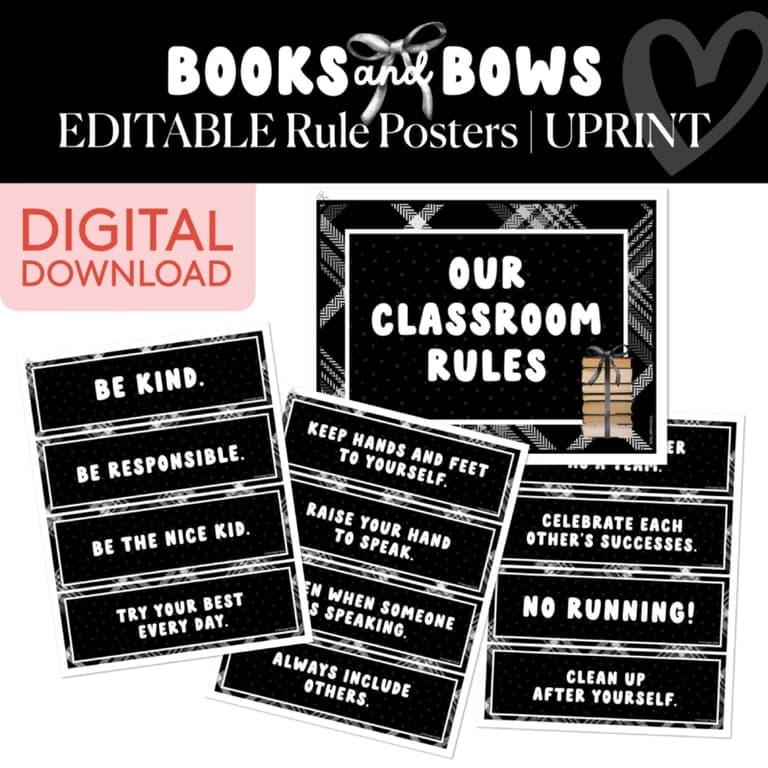 Elementary school Poster | Printable Black and White Editable Rule Posters - Books and Bows