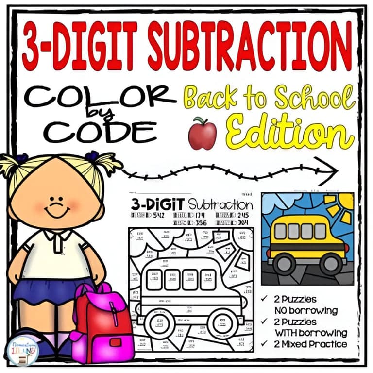 Elementary school Worksheet | Back to School Three Digit Subtraction Color by Number Differentiated
