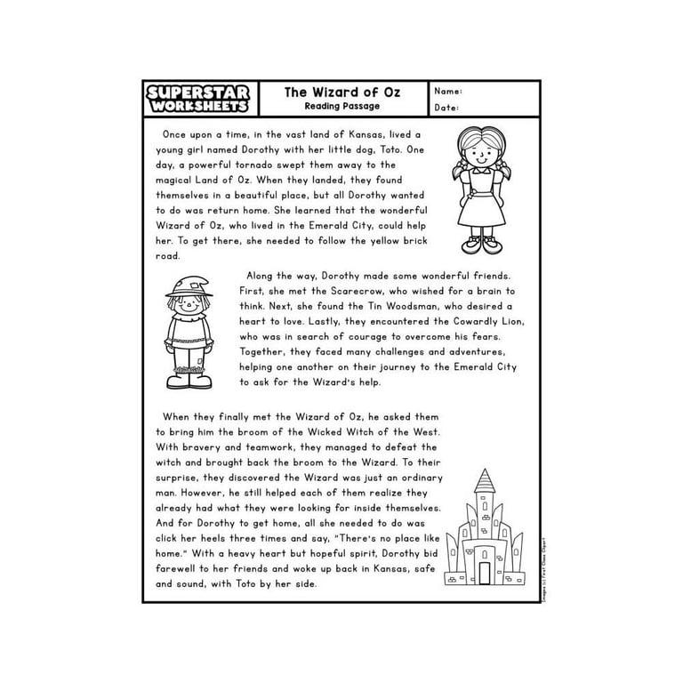 Elementary school Worksheet | The Wizard of Oz Reading Passage