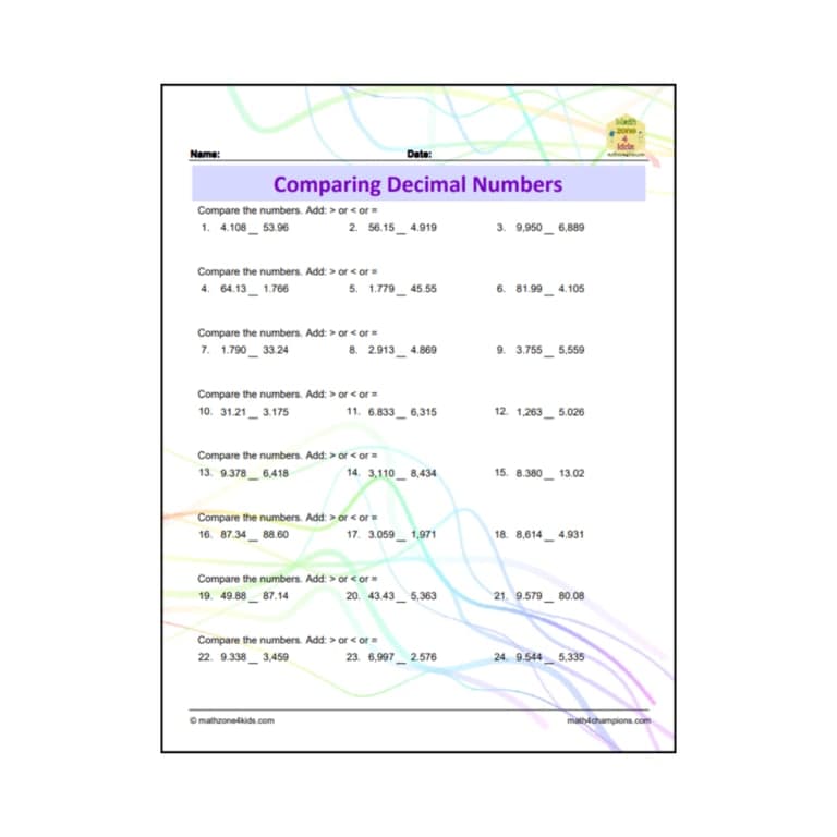 Elementary school Worksheet | Comparing Decimal Numbers
