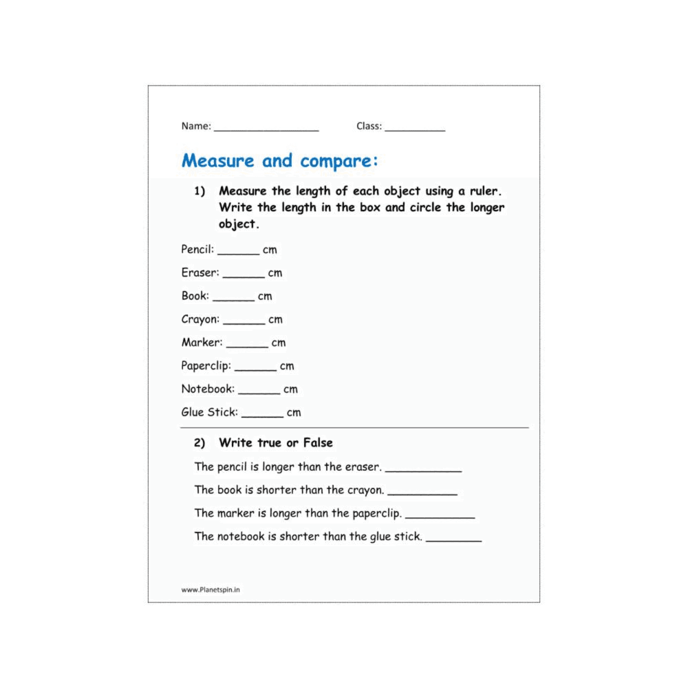 Elementary school Worksheet | Measuring and Comparing Length for Grade 1
