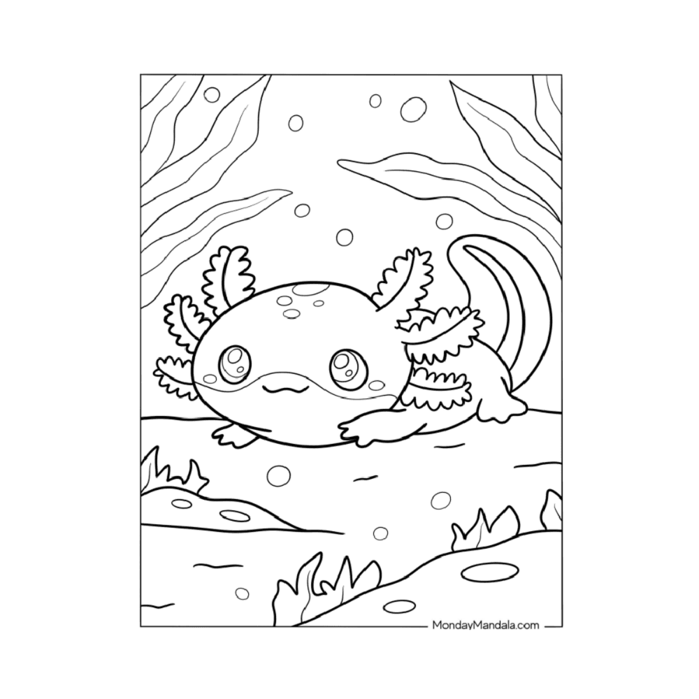 Elementary school Worksheet | Baby Axolotl Lying Down Coloring Page for Kids