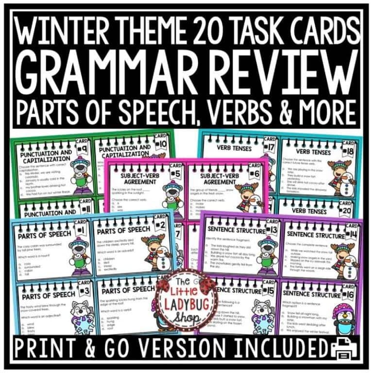 Elementary school Material | Winter Grammar Review Task Cards Parts of Speech Verbs