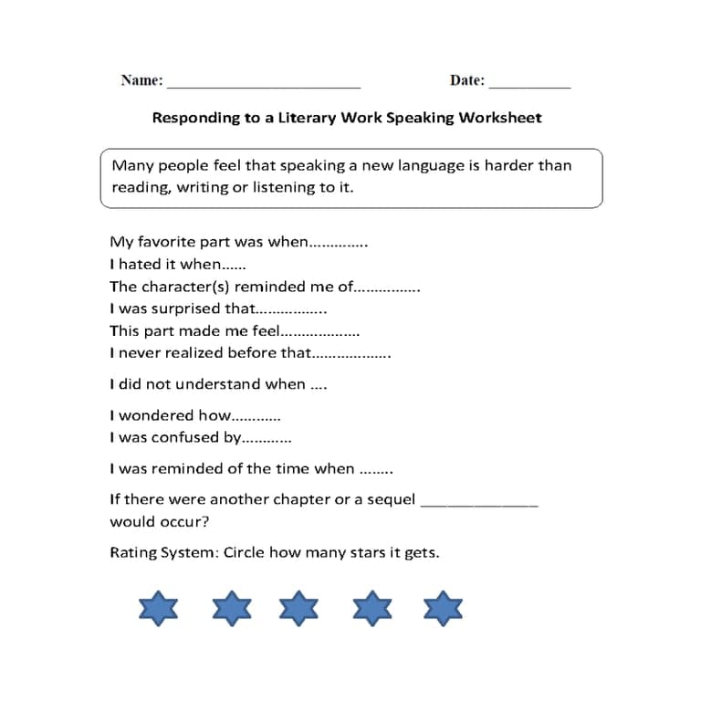 Elementary school Worksheet | Responding to Literary Work Speaking Worksheets