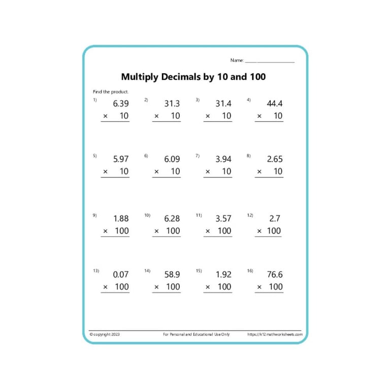 Elementary school Worksheet | Multiplying Decimals