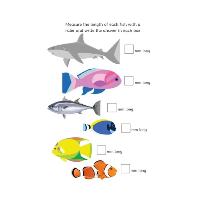 Elementary school Worksheet | Measure and Record Lengths, Fish Theme