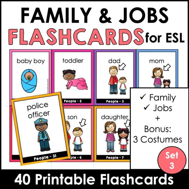 Elementary school Flashcard | People Flashcards: Jobs & Family Vocabulary ESL Task Cards - Flash Cards