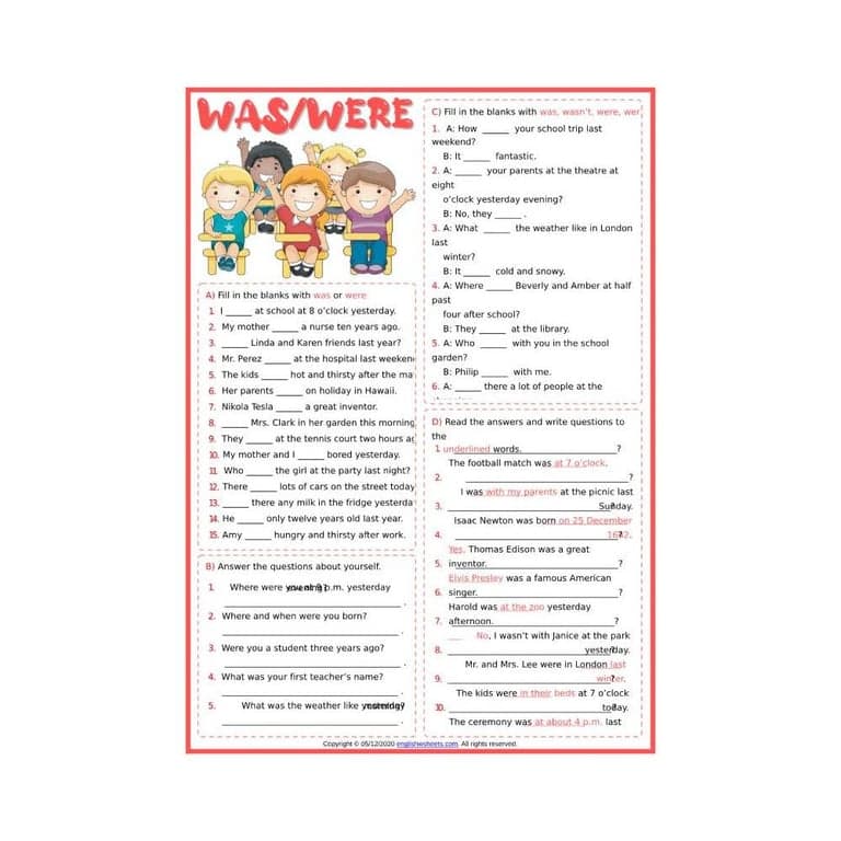 Elementary school Worksheet | Past Simple Was Were ESL Grammar Exercises