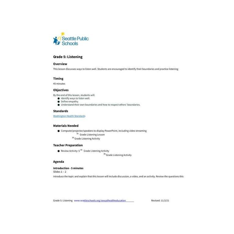 Elementary school Lesson Idea | Grade 5: Listening