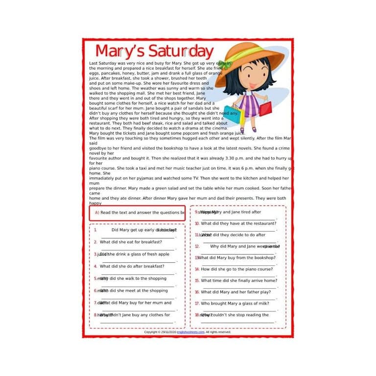 Elementary school Worksheet | Past Simple ESL Reading Comprehension Questions