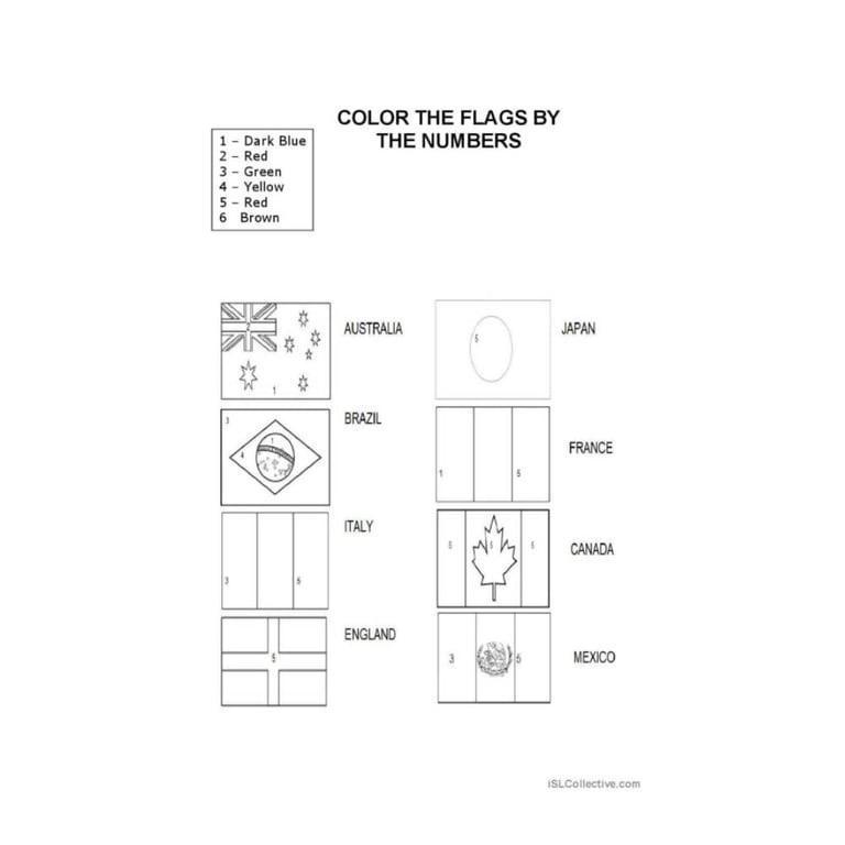 Elementary school Worksheet | Flags - Color by the Numbers