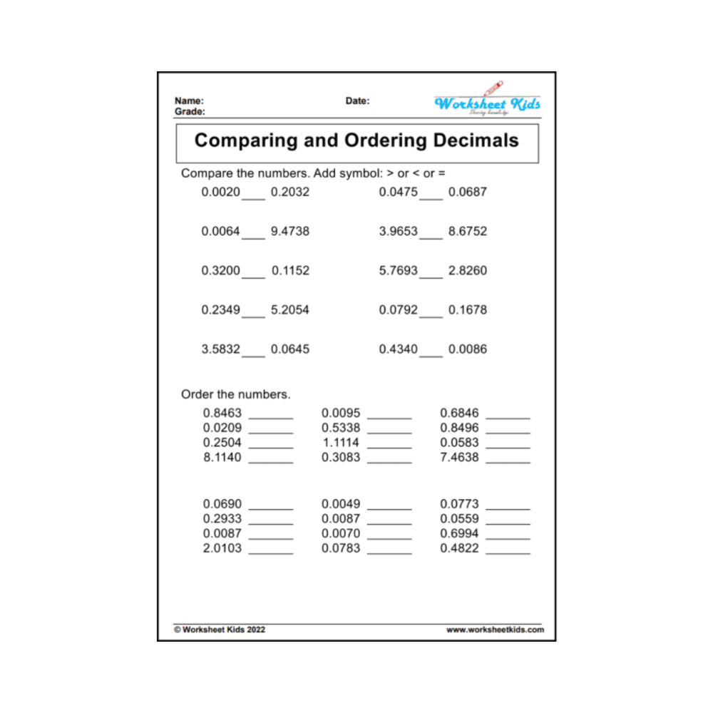 Elementary school Worksheet | Comparing and Ordering Decimals for 5th Grade With Answer Key