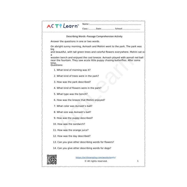 Elementary school Worksheet | Describing Words - Passage Comprehension Activity