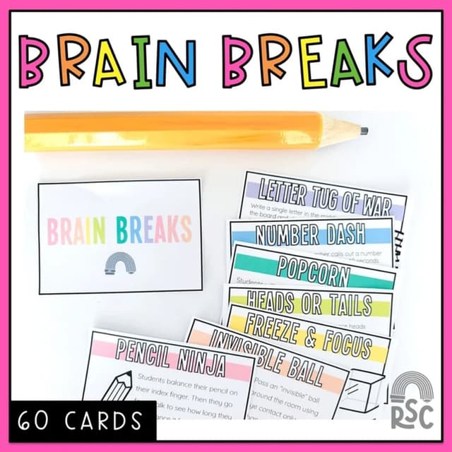 Elementary school Energizer | 60 Brain Break Cards/Brain Break Ideas