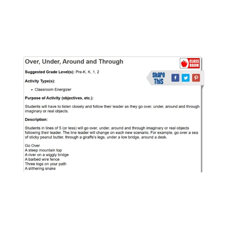 Elementary school Lesson Idea | Over, Under, Around and Through