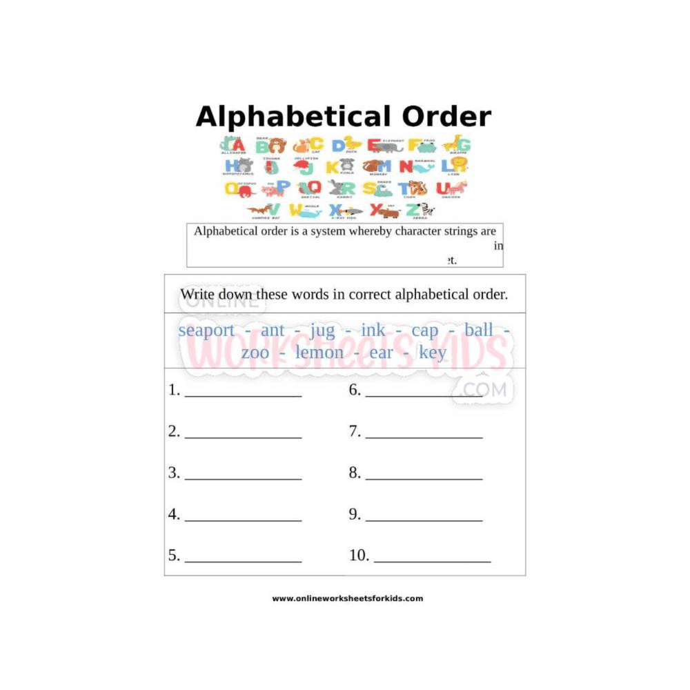Elementary school Worksheet | Alphabetical Order for Grade 1-5