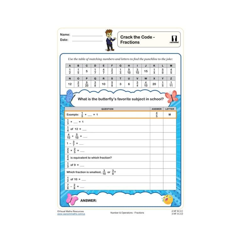 Elementary school Worksheet | Crack the Code - Fractions worksheet