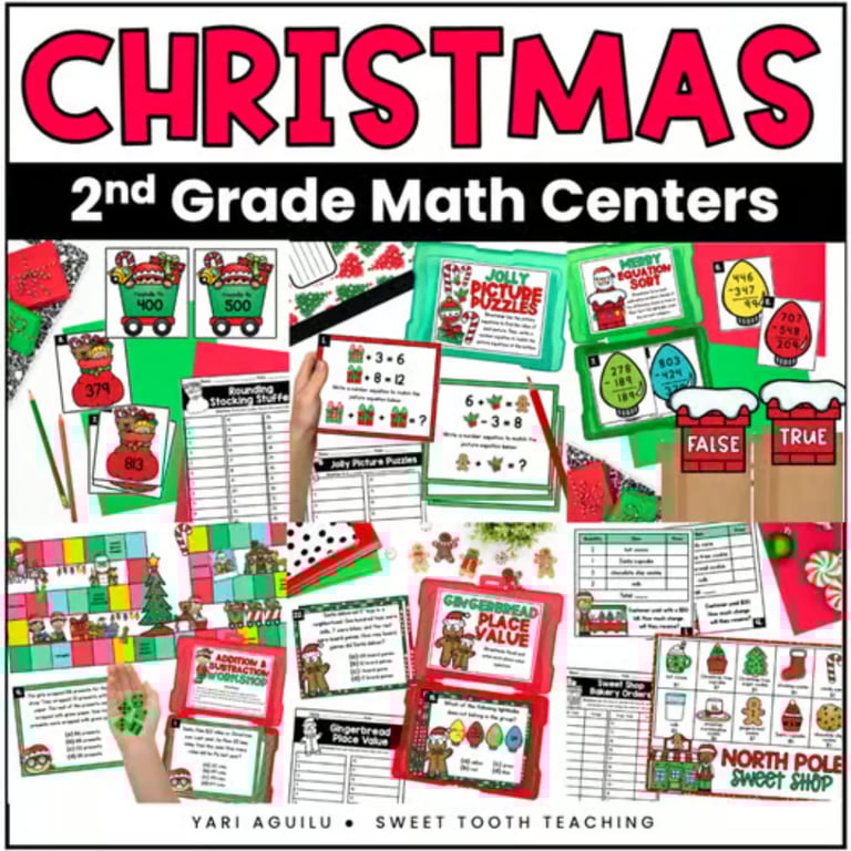 Elementary school Material | Christmas Math Activities for 2nd Grade - Task Cards & Math Centers